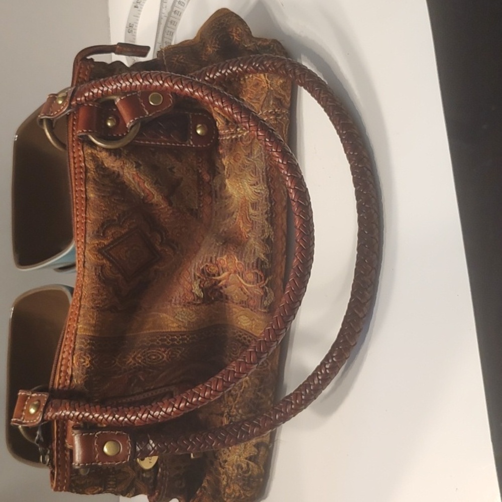 Vintage Fossil Paisley Cloth & Leather Purse With Braided Handles